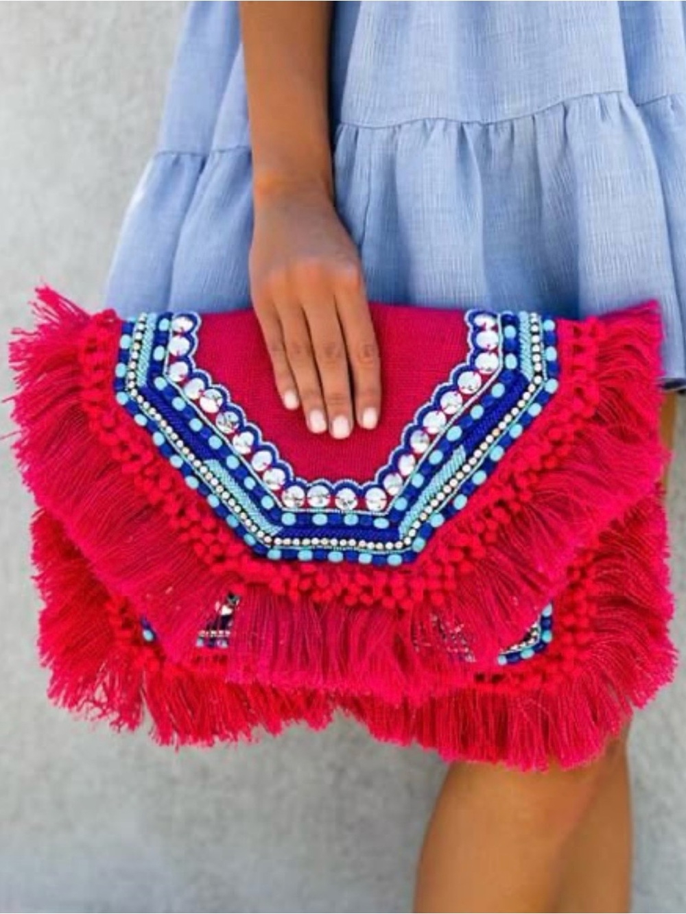 SHASHI Elaine Pink Beaded Fringe Crossbody Clutch Boho Festival Bag